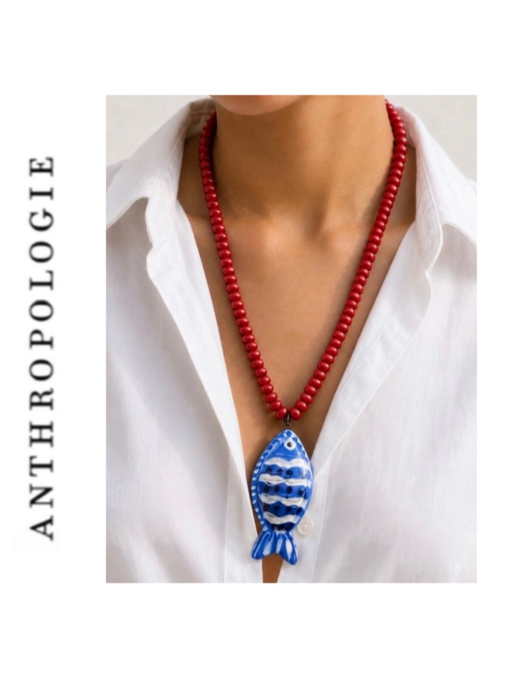 Anthropologie Tropical Fish Beaded Necklace Blue and Red